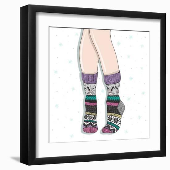 Woman Wearing A Pair Of Wool Socks. Cute Winter Background-cherry blossom girl-Framed Art Print