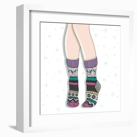 Woman Wearing A Pair Of Wool Socks. Cute Winter Background-cherry blossom girl-Framed Art Print