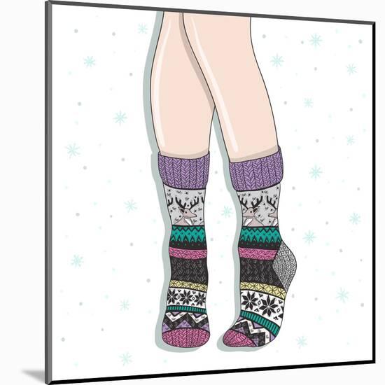 Woman Wearing A Pair Of Wool Socks. Cute Winter Background-cherry blossom girl-Mounted Art Print