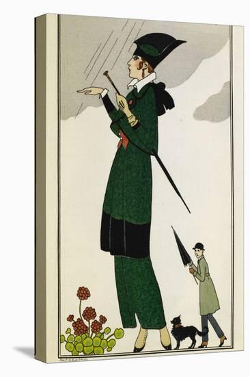 Woman wearing a tailoured outfit of green and black silk, with a strawberrry silk waistcoat-Georges Barbier-Stretched Canvas