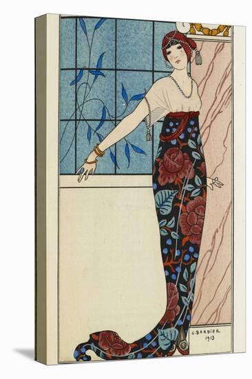 Woman wearing an evening dress with a chiffon bodice and a silk embroidered tunic-Georges Barbier-Stretched Canvas