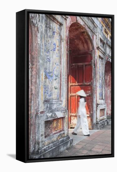 Woman Wearing Ao Dai Dress at Dien Tho Inside Citadel, Hue, Thua Thien-Hue, Vietnam (Mr)-Ian Trower-Framed Stretched Canvas