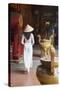 Woman Wearing Ao Dai Dress at Ha Chuong Hoi Quan Pagoda, Cholon, Ho Chi Minh City, Vietnam-Ian Trower-Stretched Canvas