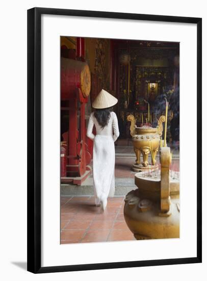 Woman Wearing Ao Dai Dress at Ha Chuong Hoi Quan Pagoda, Cholon, Ho Chi Minh City, Vietnam-Ian Trower-Framed Photographic Print