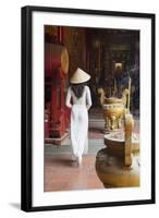 Woman Wearing Ao Dai Dress at Ha Chuong Hoi Quan Pagoda, Cholon, Ho Chi Minh City, Vietnam-Ian Trower-Framed Photographic Print