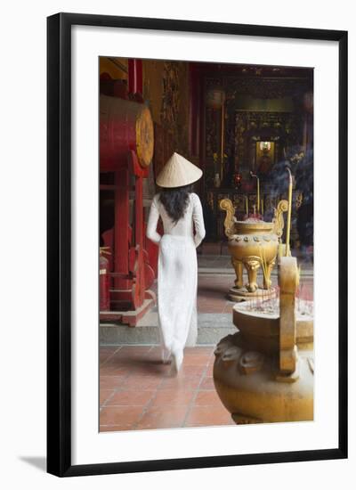 Woman Wearing Ao Dai Dress at Ha Chuong Hoi Quan Pagoda, Cholon, Ho Chi Minh City, Vietnam-Ian Trower-Framed Photographic Print