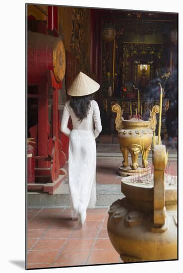 Woman Wearing Ao Dai Dress at Ha Chuong Hoi Quan Pagoda, Cholon, Ho Chi Minh City, Vietnam-Ian Trower-Mounted Photographic Print