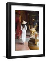 Woman Wearing Ao Dai Dress at Ha Chuong Hoi Quan Pagoda, Cholon, Ho Chi Minh City, Vietnam-Ian Trower-Framed Photographic Print