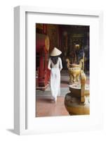 Woman Wearing Ao Dai Dress at Ha Chuong Hoi Quan Pagoda, Cholon, Ho Chi Minh City, Vietnam-Ian Trower-Framed Photographic Print