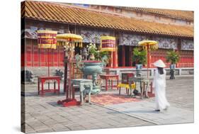 Woman Wearing Ao Dai Dress at Mieu Temple Inside Citadel, Hue, Thua Thien-Hue, Vietnam, Indochina-Ian Trower-Stretched Canvas