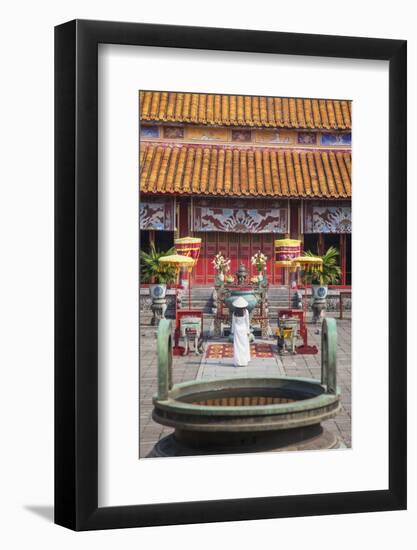 Woman Wearing Ao Dai Dress at Mieu Temple Inside Citadel, Hue, Thua Thien-Hue, Vietnam, Indochina-Ian Trower-Framed Photographic Print