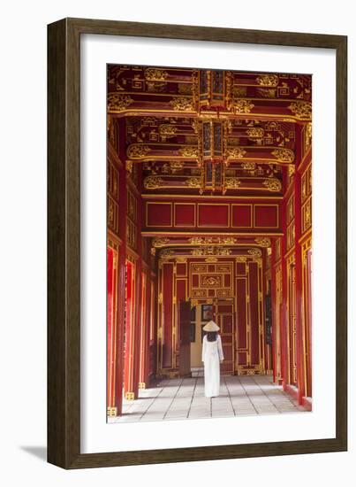 Woman Wearing Ao Dai Dress in Imperial Palace Inside Citadel, Hue, Thua Thien-Hue, Vietnam (Mr)-Ian Trower-Framed Photographic Print