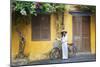 Woman Wearing Ao Dai Dress with Bicycle, Hoi An, Quang Ham, Vietnam-Ian Trower-Mounted Photographic Print