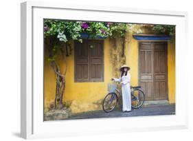 Woman Wearing Ao Dai Dress with Bicycle, Hoi An, Quang Ham, Vietnam-Ian Trower-Framed Photographic Print