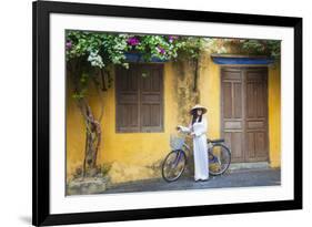 Woman Wearing Ao Dai Dress with Bicycle, Hoi An, Quang Ham, Vietnam-Ian Trower-Framed Photographic Print