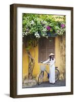 Woman Wearing Ao Dai Dress with Bicycle, Hoi An, Quang Ham, Vietnam-Ian Trower-Framed Photographic Print