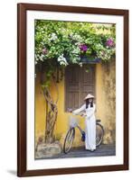 Woman Wearing Ao Dai Dress with Bicycle, Hoi An, Quang Ham, Vietnam-Ian Trower-Framed Photographic Print