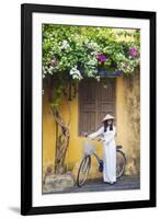 Woman Wearing Ao Dai Dress with Bicycle, Hoi An, Quang Ham, Vietnam-Ian Trower-Framed Photographic Print