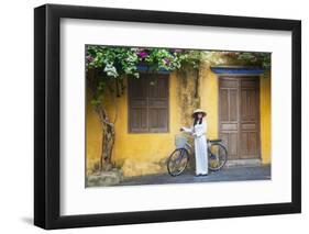 Woman Wearing Ao Dai Dress with Bicycle, Hoi An, Quang Ham, Vietnam-Ian Trower-Framed Photographic Print