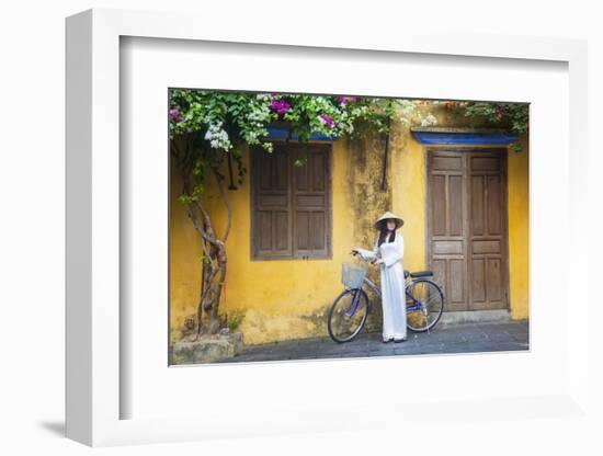 Woman Wearing Ao Dai Dress with Bicycle, Hoi An, Quang Ham, Vietnam-Ian Trower-Framed Photographic Print