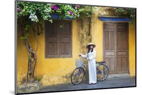 Woman Wearing Ao Dai Dress with Bicycle, Hoi An, Quang Ham, Vietnam-Ian Trower-Mounted Photographic Print