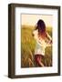 Woman Wearing Boho Style Clothes Run through the Grass, Hot Summer Day, Retro Colors, Motion Blur-coka-Framed Photographic Print