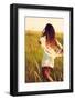 Woman Wearing Boho Style Clothes Run through the Grass, Hot Summer Day, Retro Colors, Motion Blur-coka-Framed Photographic Print