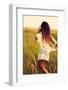 Woman Wearing Boho Style Clothes Run through the Grass, Hot Summer Day, Retro Colors, Motion Blur-coka-Framed Photographic Print