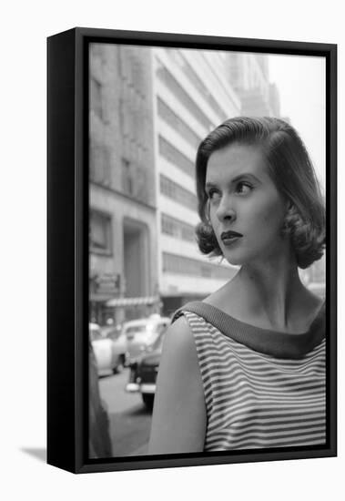 Woman Wearing Striped Shirt Modeling the Page Boy Hair Style on City Street, New York, NY, 1955-Nina Leen-Framed Stretched Canvas