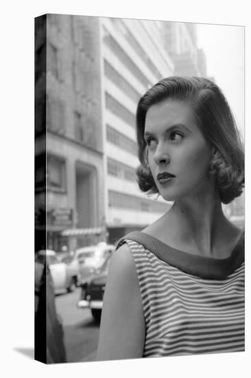 Woman Wearing Striped Shirt Modeling the Page Boy Hair Style on City Street, New York, NY, 1955-Nina Leen-Stretched Canvas
