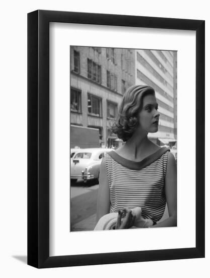 Woman Wearing Striped Shirt Modeling the Page Boy Hair Style on City Street, New York, NY, 1955-Nina Leen-Framed Photographic Print