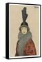 Woman Wears a Coat or Mantle in a Bold Oriental Print with a Deep Fur Border-Mela Koehler-Framed Stretched Canvas