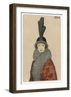 Woman Wears a Coat or Mantle in a Bold Oriental Print with a Deep Fur Border-Mela Koehler-Framed Art Print