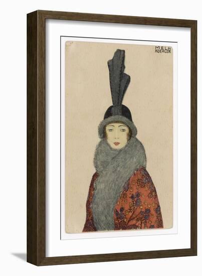 Woman Wears a Coat or Mantle in a Bold Oriental Print with a Deep Fur Border-Mela Koehler-Framed Art Print