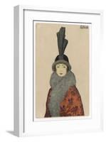 Woman Wears a Coat or Mantle in a Bold Oriental Print with a Deep Fur Border-Mela Koehler-Framed Art Print