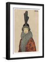 Woman Wears a Coat or Mantle in a Bold Oriental Print with a Deep Fur Border-Mela Koehler-Framed Art Print