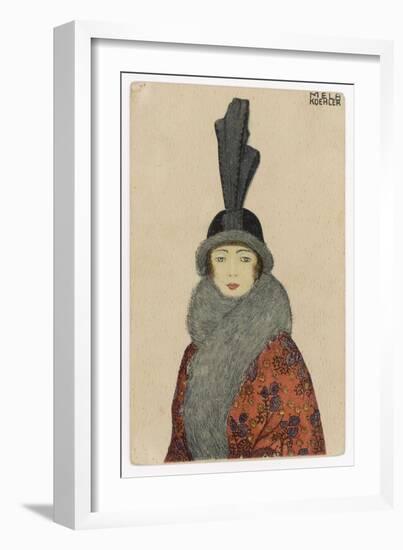 Woman Wears a Coat or Mantle in a Bold Oriental Print with a Deep Fur Border-Mela Koehler-Framed Art Print