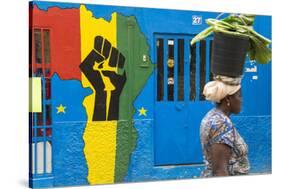 Woman with a Bucket of Vegetables in Front of Africa Shop Front, Praia, Santiago, Cape Verde-Peter Adams-Stretched Canvas