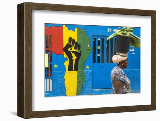 Woman with a Bucket of Vegetables in Front of Africa Shop Front, Praia, Santiago, Cape Verde-Peter Adams-Framed Photographic Print
