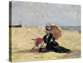 Woman with a Parasol on the Beach, 1880-Eug?ne Boudin-Stretched Canvas