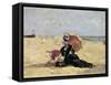 Woman with a Parasol on the Beach, 1880-Eug?ne Boudin-Framed Stretched Canvas