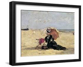 Woman with a Parasol on the Beach, 1880-Eug?ne Boudin-Framed Giclee Print