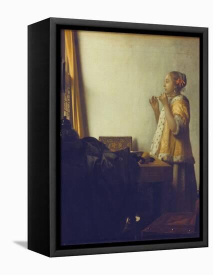 Woman with a Pearl Necklace, 1664-Johannes Vermeer-Framed Stretched Canvas