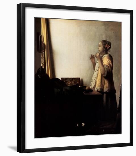 Woman with a Pearl Necklace-Johannes Vermeer-Framed Art Print