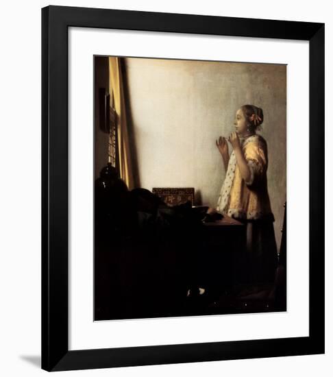 Woman with a Pearl Necklace-Johannes Vermeer-Framed Art Print