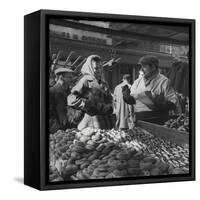 Woman with a Small Terrier Buying Bagels at a Market Stall, Possibly London, C.1945-50-null-Framed Stretched Canvas