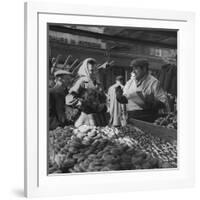 Woman with a Small Terrier Buying Bagels at a Market Stall, Possibly London, C.1945-50-null-Framed Giclee Print