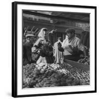 Woman with a Small Terrier Buying Bagels at a Market Stall, Possibly London, C.1945-50-null-Framed Giclee Print