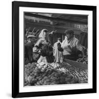 Woman with a Small Terrier Buying Bagels at a Market Stall, Possibly London, C.1945-50-null-Framed Giclee Print