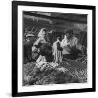 Woman with a Small Terrier Buying Bagels at a Market Stall, Possibly London, C.1945-50-null-Framed Giclee Print